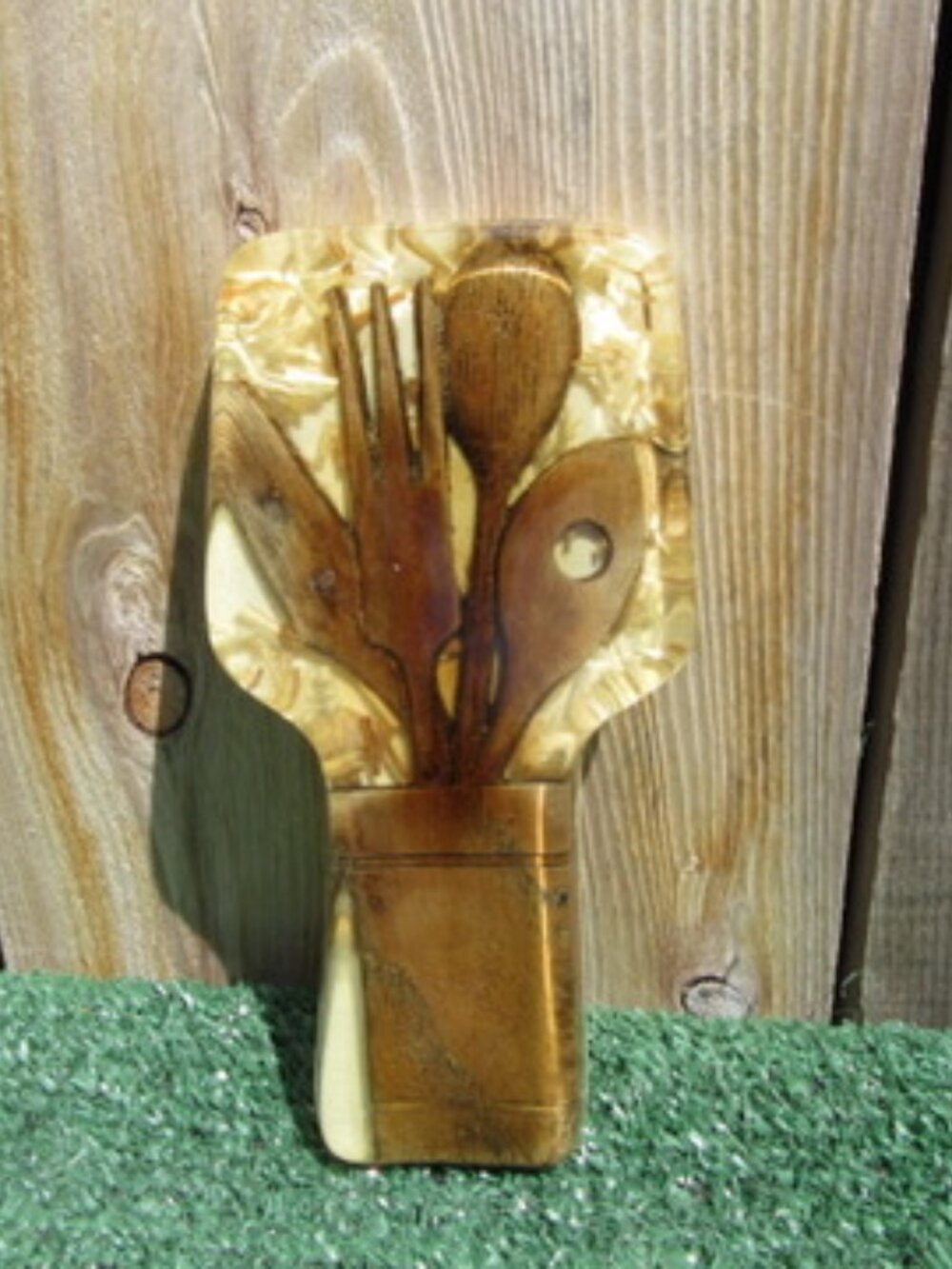 Vintage 70's Acrylic Wood Utensil Spoon Rest Resin